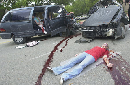 Shattered Dreams featuring a mock car crash in front of the school's Shattered Dreams featuring a mock car crash in front of the school's