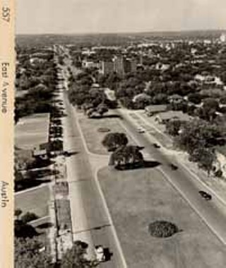 Before I-35, East Avenue was a tree-lined four-lane boulevard that fronted now-vanished center-city neighborhoods. (The large building at center is Brackenridge Hospital.) Today, the southbound I-35 access road is itself as wide as old East Avenue; the freeway right-of-way extends another 300 feet to the east, and TxDOT proposes to make it even wider.
