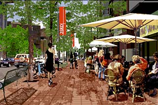 2SRD is the Second Street Retail District -- the Great Streets plan makes Second a pedestrian-dominant street, with 50 feet of the 80-foot right-of-way devoted to sidewalks, only 22 feet to asphalt.
<br>
Illustration courtesy of Black & Vernooy + Kinney Associates