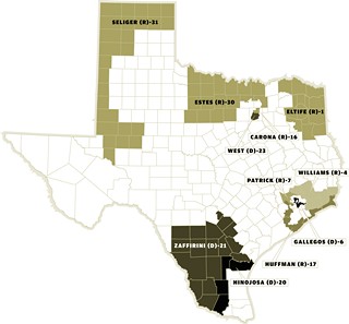 The wide swaths of white space on this map – aka the heart of Texas – indicate a lack of representation on a Senate redistricting committee.