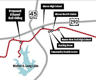 Shown is the rail route for the proposed delivery of ethanol to the Flint Hills storage facility in eastern Travis County. Area residents and the Manor city manager have raised questions about evacuation plans in the event of a derailment.