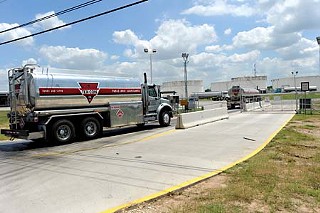 A fuel truck enters the Flint Hills storage facility on Johnny Morris Road; rail cars may replace trucks as the primary carrier of ethanol to the site.
