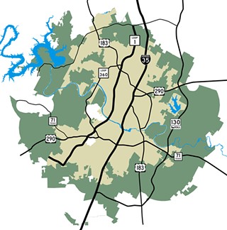The Imagine Austin planning area extends beyond city limits 
(the area in beige) 
through the extraterritorial jurisdiction (green).