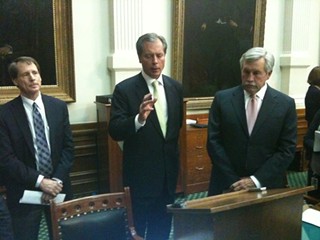 Republican senators Robert Duncan (l) and Troy Fraser (r) flank Lt. Gov. David Dewhurst as they discuss passage of the voter ID bill Wednesday night.