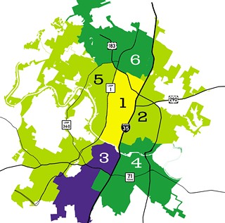 While any specific single-member district proposal is months away at the earliest – subject to citizen input, council oversight, and the city demographer's interpretation of recently released 2010 census data – this map, based on the city's previous SMD proposals, is an example of what Mayor Lee Leffingwell's preferred SMD scenario would look like. In addition to six geographic districts, Leffingwell is calling for two citywide council seats along with the mayor's at-large election, increasing the council from seven to nine members.