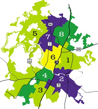 While this map doesn't reflect recent census data, it represents the 8-4-1 scenario some SMD supporters other than the mayor have been calling for. In addition to accommodating council seats representing eight individual districts, this scenario splits the city into east and west superdistricts – possibly along Lamar Boulevard – that would each have two council members. The mayor would then be the only council member out of 13 to run citywide.