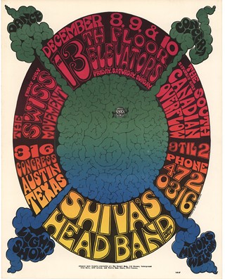 Gilbert Shelton’s infamous pot brain 1967 Vulcan poster and the Pusikat club’s greatest hits, including Jimi “Hendricks”