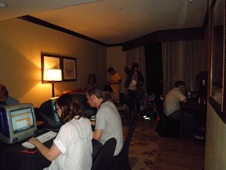 That's me on the left in the white tee, filing a review at the paper's SXSW HQ at the Omni.