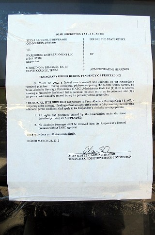 Texas Alcoholic Beverage Commission notice at Hyde, one of several bars caught in the money laundering case
