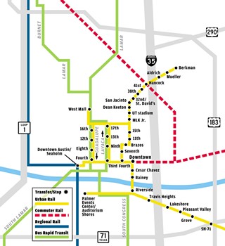 This schematic shows the current proposal by the city's Transportation Department for an urban rail system, including where it would intersect with other transit modes – bus rapid transit, commuter rail, regional rail. The initial phase would run from the Mueller Neighborhood to the Convention Center.