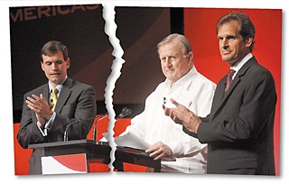 Before their relationship began to publicly unravel, (l-r) Tavo Hellmund, Red McCombs, and Bobby Epstein appeared together at an April 2011 press conference for the unveiling of the Circuit of the Americas name.