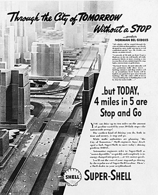 Through the City of Tomorrow Without a Stop, advertisement for Shell Oil advertising campaign ca. 1932-38.