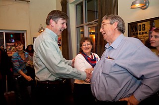 Former Mayor Bruce Todd (l) and Peck Young celebrate the 10-1 victory on election night.
