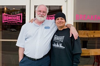 Fr. Greg Boyle (l) is the amiable man behind the huge success of Homeboy Industries.