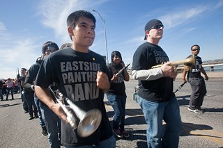 Eastside on parade: The Eastside Memorial High School Band, one part of the campus culture that could be saved if AISD Trustees and Commissioner Michael Williams adopt a community-endorsed plan for Johns Hopkins
