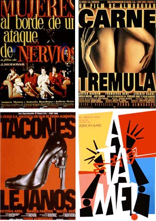 The original Spanish movie posters of Almodóvar (clockwise, from top left): <i>Women on the Verge of a Nervous Breakdown</i>, <i>Live Flesh</i>, <i>Tie Me Up! Tie Me Down!</i>, and <i>High Heels</i>