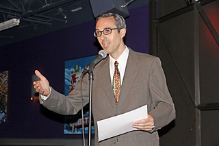 Sound designer Buzz Moran, accepting the award for his work on <i>All My Sons</i>, <i>spacestation1985</i>, and <i>Under Construction</i>, just before teaching the audience how to bark convincingly