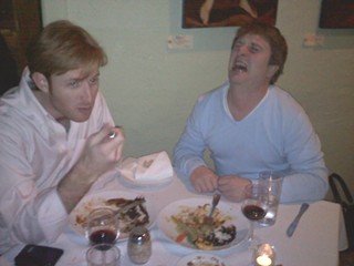 Two dudes dining. Author not pictured. Subject getting emotional on right.