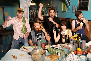 Food Fight (l-r): Tim Bryan of Starlings, TN; Caleb Dawson of Bad Lovers; Gus Baker from Doom Siren; Sue Davis aka DJ Sue; and David Thomas Jones of Watch Out for Rockets (Julia Hungerford not pictured)