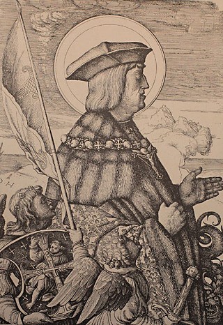 <i>Emperor Maximilian I in the Guise of St. George</i>, by Daniel Hopfer, c. 1509-10. Etching (iron) with open biting, plate bitten twice, on laid paper.