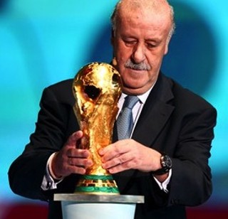 Spain coach Vicente del Bosque places the World Cup trophy on a plinth