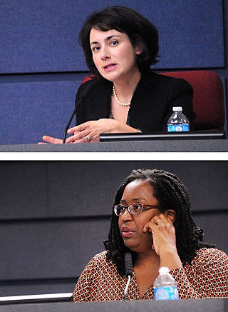 Trustees Gina Hinojosa (above) and Tamala Barksdale argued for three-year contracts for teachers and professional employees.