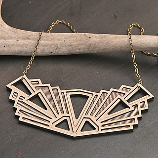 Art deco statement necklace in lightweight laser-cut birch by local jewelry maker Diamonds Are Evil