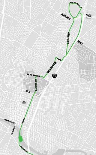 Take the train: Proposed Project Connect urban rail line from Highland Mall area to Riverside, showing approach to MLS stadium (Should the proposed AUSRA charter amendment pass, the entire project would move approximately one mile west.)