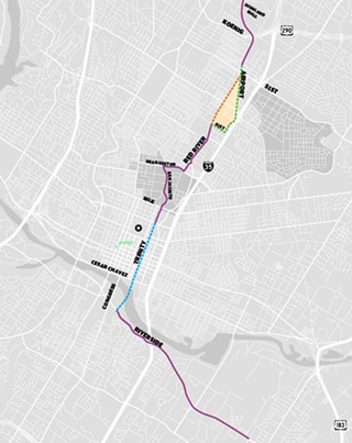 Central Corridor Rapid Transit: Project Connect is almost finished with its Locally Preferred Alternative transit route map. The two main remaining questions: whether to bridge or tunnel across Lady Bird Lake, and how to get from 41st & Red River to 53rd & Airport Blvd.