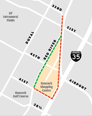 The Hancock Tunnels: The draft plan now includes a tunnel from Hancock Center to Airport Blvd., on one of two routes: A western option would go straight up Red River; the more expensive eastern option would include a Transfer Station near Airport and I-35.