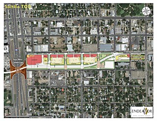 Endeavor proposes a full-service grocery store fronting I-35, adaptive reuse of existing structures, park space with residential units along East Fourth Street, and commercial businesses on East Fifth.