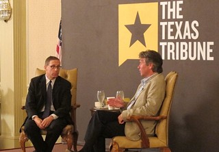 Story time: Texas Tribune boss Evan Smith (l) listens as UT System Regent Wallace Hall lays out his conspiracy theory