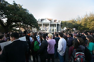 Students rally against racism, outside the Fiji house in February.
