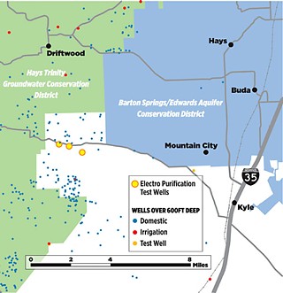 Electro Purification plans to double the amount of water they're pumping from their wells in northern Hays County; a recent study suggested that this could cause water levels in existing nearby wells to drop by up to 500 feet. The EP wells lie in a white zone, not covered by either the Hays Trinity GCD, or the Barton Springs/Edwards Aquifer CD.