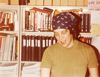 <i>Chronicle</i> Senior Film Editor Marjorie Baumgarten as a young pup in the old CinemaTexas office, circa 1980. There, students prepared the program notes (below) for each screening.