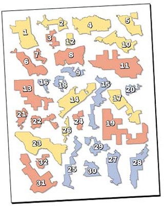 The 10 blue districts are the new Democratic cantons -- all are majority-minority. 
<p>

The 12 red districts are the hardest-core GOP strongholds. 
<p>

In the middle, the 10 yellow districts are also pretty damn Republican but offer some slim hope to Democrats -- often because minority communities have been stranded within them.