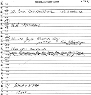 A page from Bush's appointment book in 1997, including a meeting with Al Gonzales to discuss upcoming executions