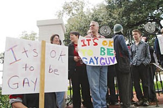 Gay rights activists rallied outside the Governor's 
Mansion on Tuesday to show their support for Gov. 
Rick Perry's alleged lifestyle choices. Yes, we're talking 
about The Rumor, and no, we haven't found any 
substance to it. See <a 
href=pols_naked4.html><b>The Real Sins of Gov. 
Perry</b></a>.