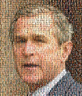 Nothing spurs creativity like strife and anguish. This 
protest – a mosaic of our  commander in chief's face 
composed of the faces of soldiers he sent to their deaths 
– comes from the Web site of <b><a href=http://
amleft.blogspot.com/ target=blank><i>The American 
Leftist</i></a></b>.