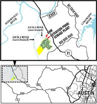 The West Cypress Hills development is already being 
built at the headwaters of the east branch of Lick Creek, 
despite problems with the dam and detention pond, 
which are supposed to protect the creek. The site plan 
indicates home sites in progress on the northern part of 
the development – 435 homesites in all on 250 acres. 
The west branch of Lick Creek is not yet directly affected 
by the West Cypress construction, but it is also 
threatened by developments proposed to the south and 
west of West Cypress Hills.
<br>For a larger map click <a 
href=biglickcreekmap.jpg target=blank>here</a>