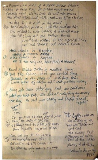 Paul Westerberg’s handwritten lyrics to the Replacements’ “Here Comes a Regular”