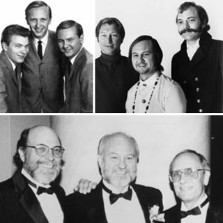 The Crickets through the ages: (left) J.I. Allison, Joe B. Mauldin, and Sonny Curtis; (right) Mauldin, Curtis, Allison; (bottom) Allison, Curtis, Mauldin