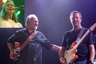 Nanci Griffith (inset), Sonny Curtis, and Eric Clapton at the House of Blues, Los Angeles, Aug. 4, 2004