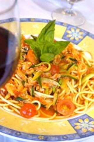 Granchio Spaghetti with crab meat, zucchini, and 
cherry tomatoes