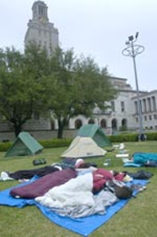 UT students protest on the South Mall. Or sleep. Whichever.