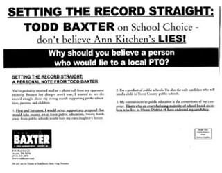 Todd Baxter's 11th-hour indecision on vouchers contrasts markedly with his promises in this postcard from the 2002 election that put him in office.