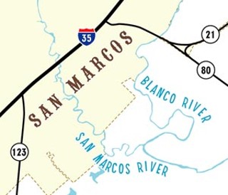 The Blanco River cleanup project affects roughly 12 miles of private land along the Blanco River near the confluence with the San Marcos River. For a larger map click <a href=SanMarcosRiver.jpg target=blank><b>here</b></a>