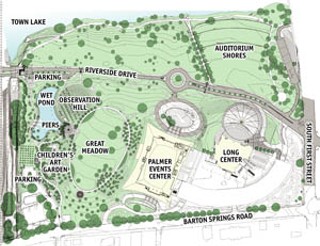 Last week, the City Council approved the pictured design of Town Lake Park. The plan's most controversial aspect was narrowing the 1,000-foot stretch of Riverside running through the park from four to two lanes.<br>For a larger image <a href=townlake.pdf target=blank><b>download this pdf</b></a> (about 3MB).