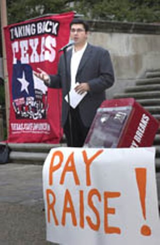 The Texas State Employees Union rallied on the 
University of Texas West Mall on Feb. 1 to demand an 
across-the-board raise for all UT workers. Among the 
speakers was state Rep. Eddie Rodriguez, D-Austin.
