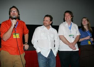 l-r: Steve Collins, Stephen Root, John Merriman, and 
Courtney Davis at the March 12 world premiere of 
<i>Gretchen</i>